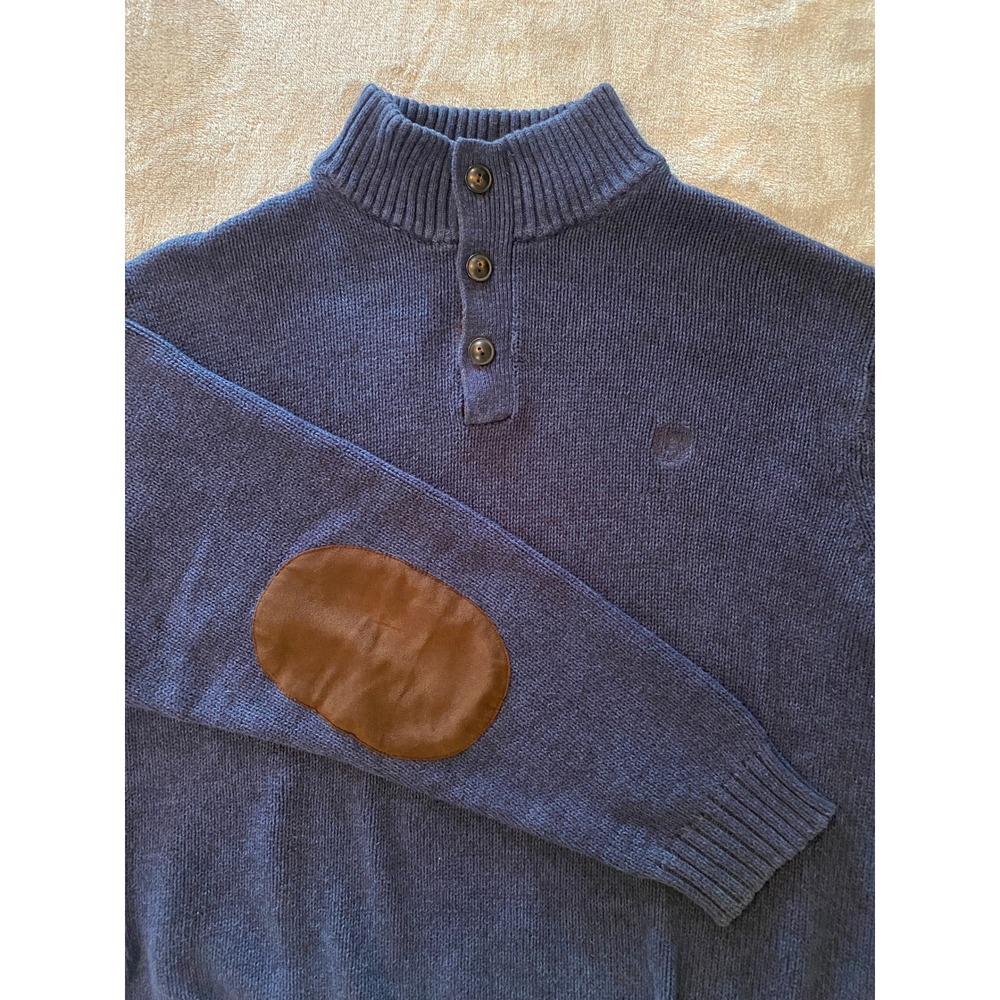 Chaps Sweater Mens XL Blue Mock Neck 1/4 Button Henley Elbow Patches Cotton